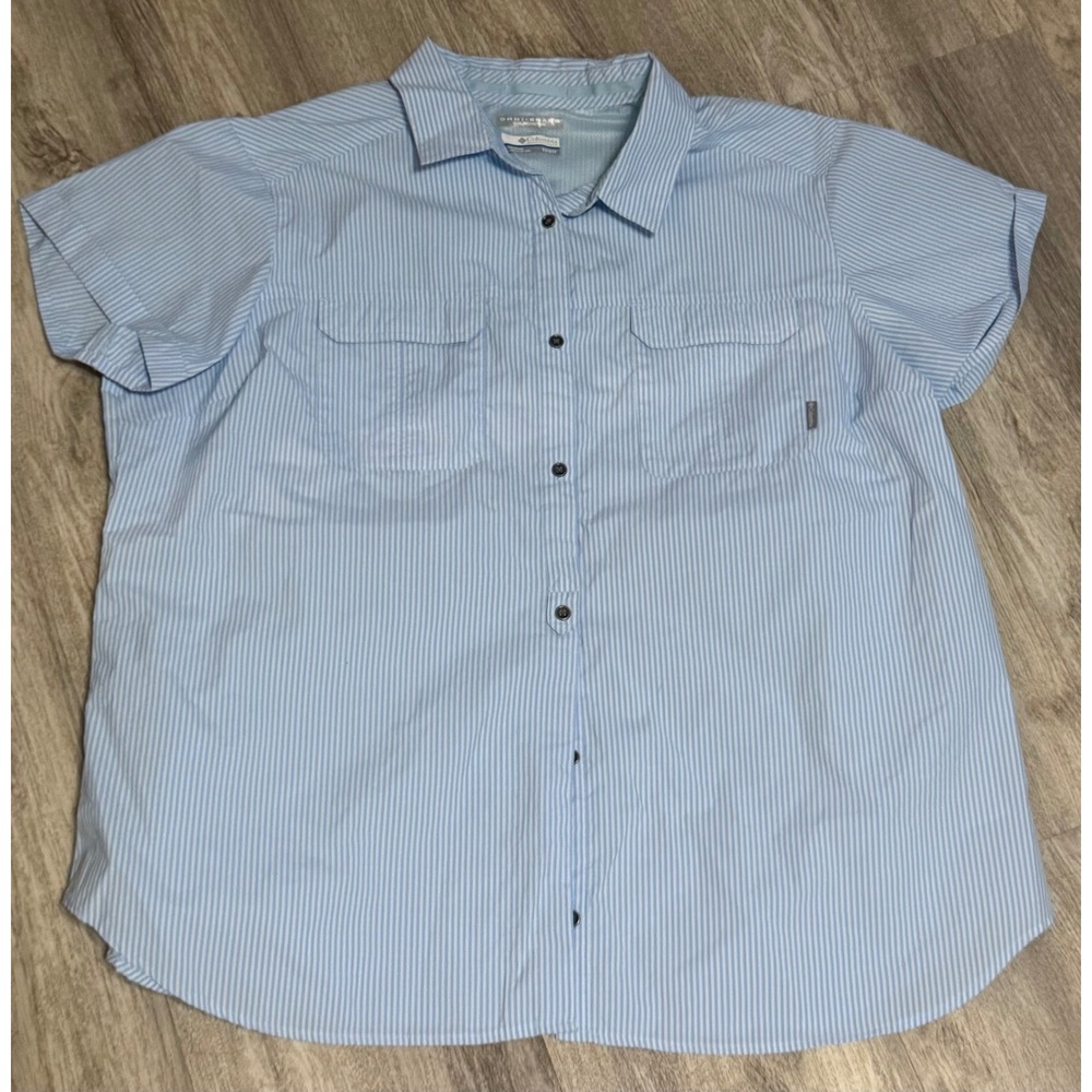 Columbia Omni-Shade Blue White Striped Short Sleeve Button Down Shirt Plus 2X